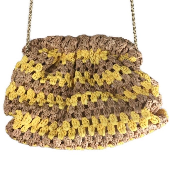 NWOT Loeffler Randall Willa Woven Raffia Ruched Yellow & Natural Clutch - Picture 2 of 13